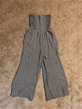aerie Black & White Smocked Wide-Leg Jumpsuit